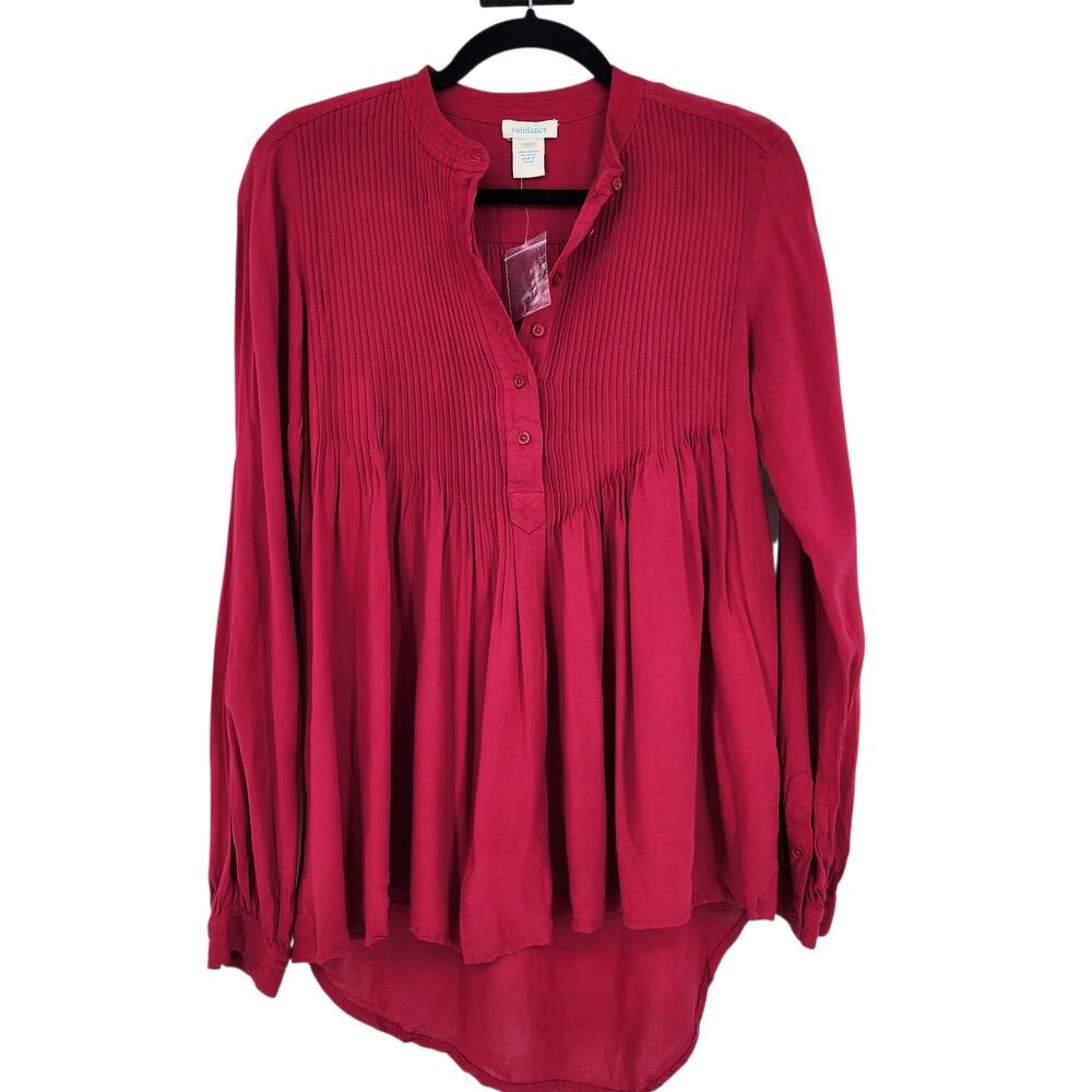 Sundance Pleated Mystic Falls Hi Low Blouse Quarter Button Front Top Size XS New